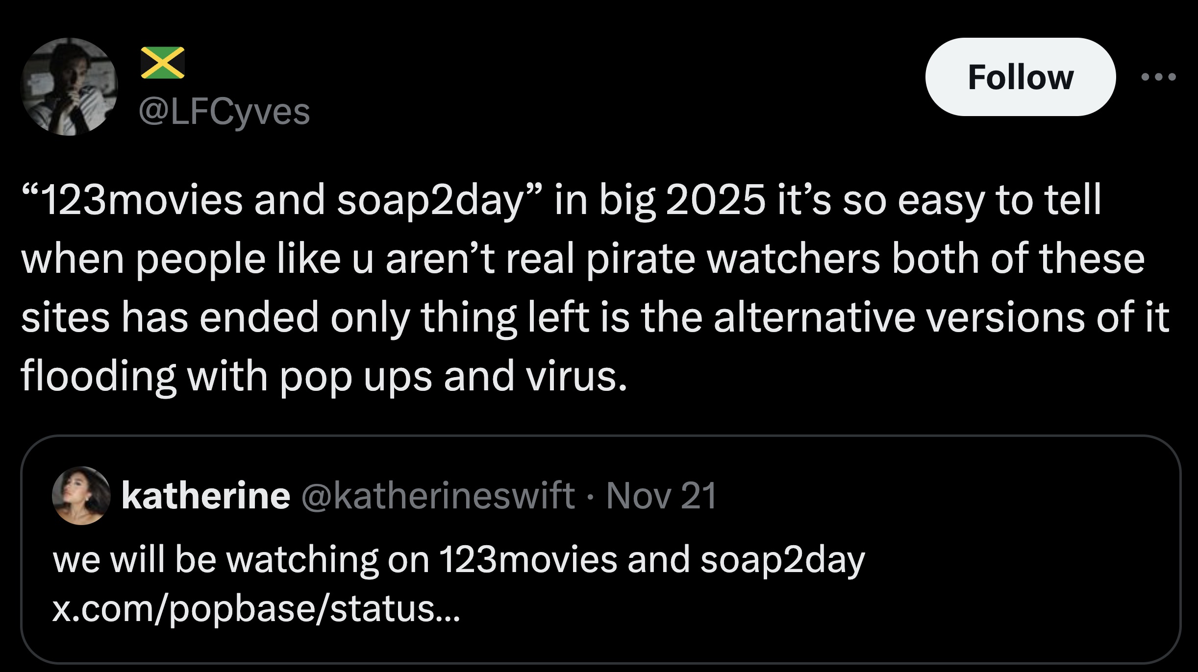 screenshot - "123movies and soap2day" in big 2025 it's so easy to tell when people u aren't real pirate watchers both of these sites has ended only thing left is the alternative versions of it flooding with pop ups and virus. katherine Nov 21 we will be w